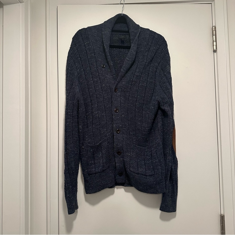 J. Crew Men's Blue Cotton Cardigan With Suede Elbow Pads
